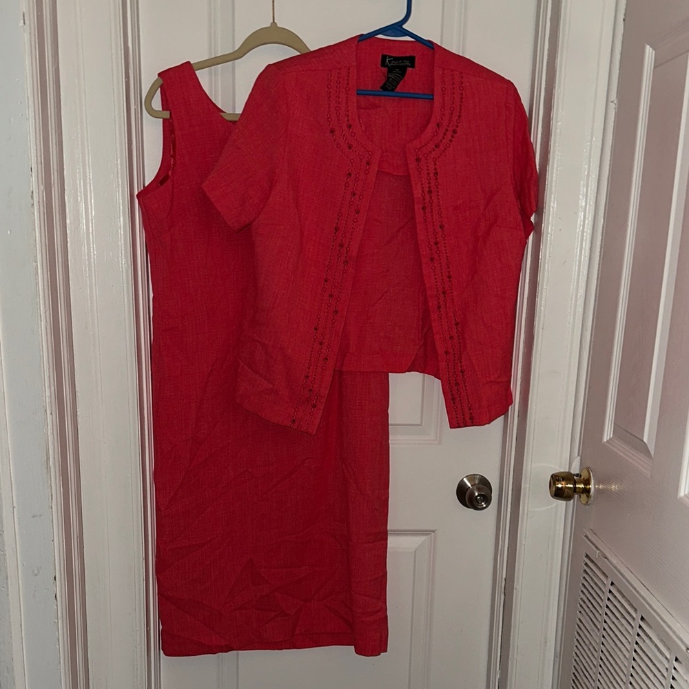Kasper Coral Midi Dress with Matching Cropped Jacket